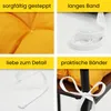 A collage of four images showing details of a yellow cushion, including its stitching, ties, and how it is attached to a chair. Produktbild-Vorschau