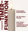 A close-up of a beige LED candle with text describing its timer function. Produktbild-Vorschau