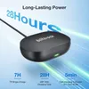 A black charging case for wireless earbuds is shown against a gradient blue and white background with light streaks. Produktbild-Vorschau