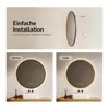 A collage showing a round LED mirror with different frame colors and installation instructions. Produktbild-Vorschau