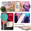 Collage of images showing a phone case with glitter, its features, and how it fits in a pocket. Produktbild-Vorschau