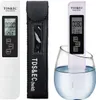 A digital TDS and EC meter with its protective sleeve and a glass of water. Náhled obrázku produktu