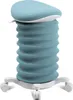 A blue and white ergonomic stool with wheels.