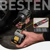 A person is holding a cordless impact wrench, with a close-up inset showing a speed/mode selector and RPM/BPM information. Produktbild-Vorschau