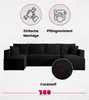 A black sectional sofa is shown with marketing text and icons highlighting features. Produktbild-Vorschau