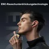 A man is shown wearing wireless earbuds and holding a smartphone, with a graphic overlay indicating noise cancellation technology. Produktbild-Vorschau