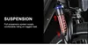 A close-up of an electric bicycle's front suspension system with text describing its features. Produktbild-Vorschau