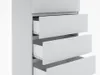 A close-up, angled view of a white chest of drawers with four drawers, three of which are partially open. Produktbild-Vorschau