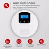 A white carbon monoxide detector with a digital display is shown, surrounded by icons and text describing its features. Produktbild-Vorschau