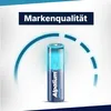 A single AAA battery is shown with a glowing blue arc around it, suggesting power or quality. Text above the battery reads 'Markenqualität'. Produktbild-Vorschau