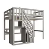 A gray loft bed with stairs and storage compartments, shown against a white background. Produktbild-Vorschau