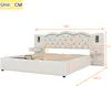 A diagram showing the dimensions of a bed frame with integrated nightstands. Voir les images du produit