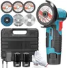 A collection of tools and accessories for a mini angle grinder, including the grinder itself, batteries, charger, case, gloves, and various cutting discs. Produktbild-Vorschau