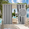 Outdoor curtains hanging on a patio or balcony, with a pool and house in the background. Náhled obrázku produktu