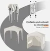 A collage showing a folded tent frame, a partially assembled tent, a fully assembled tent, and a tent with side walls. Produktbild-Vorschau