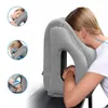 A collage of images showing an inflatable travel pillow being used by a person in different positions, along with diagrams illustrating its use. Produktbild-Vorschau