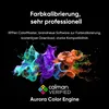 Marketing image for XPPen ColorMaster software, featuring abstract colorful ink splashes and text about color calibration. Podgląd zdjęcia produktu
