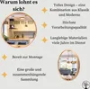 A collage of images and text promoting a round wooden mirror, showcasing its design, quality, and features. Produktbild-Vorschau