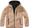 A beige teddy fleece jacket with a black hood and black zippers, shown front-on against a white background. Produktbild-Vorschau