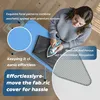 A woman is ironing clothes on an ironing board, with text overlays highlighting product features. Produktbild-Vorschau