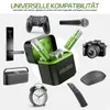A collage of various electronic devices and accessories, with a central focus on a battery charger and batteries. Produktbild-Vorschau