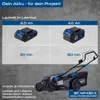 A marketing image showing a lawnmower and battery information. Produktbild-Vorschau