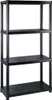 A black plastic shelving unit with four shelves against a white background. Náhled obrázku produktu