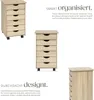 A marketing image showcasing a wooden roll container with drawers, presented from multiple angles and accompanied by descriptive text. Náhled obrázku produktu