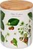A white ceramic storage jar with a bamboo lid, decorated with illustrations of wild strawberries and their leaves and flowers. Produktbild-Vorschau