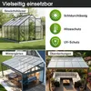 A collage of images showing different applications of polycarbonate panels, including greenhouses, conservatories, and awnings, along with feature callouts. Produktbild-Vorschau