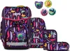 A set of school supplies including a backpack, a pencil case, and a pouch, all with a jungle-themed pattern. Four round patches with animal designs are also shown. Produktbild-Vorschau
