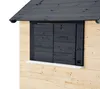 A close-up view of a wooden playhouse window with dark shutters and a white windowsill. Náhled obrázku produktu