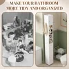 A split image showing a messy bathroom counter on the left and a tidy bathroom with a narrow cabinet on the right. Produktbild-Vorschau