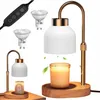 A candle warmer lamp with two bulbs and a wooden base, shown with a lit candle. Náhled obrázku produktu