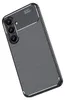 A close-up, angled view of a black smartphone case with a carbon fiber texture. Produktbild-Vorschau