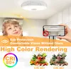 A child looking up at a ceiling light, with a phone showing a glare-free view of the light, and images of fruits and vegetables with CRI ratings. Voir les images du produit