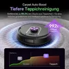 A robotic vacuum cleaner is shown on a carpet, with a graphic overlay highlighting its cleaning performance. Produktbild-Vorschau