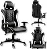 Multiple views of a black and white gaming chair against a white background. Podgląd zdjęcia produktu