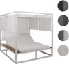 A white outdoor lounge bed with cream cushions and a wooden base, set against a white background. Produktbild-Vorschau