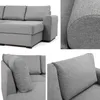 Collage of close-up shots of a gray sectional sofa, highlighting its fabric texture and construction. Náhled obrázku produktu