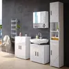 A modern bathroom vanity set with a sink, cabinets, and a tall storage unit against a dark tiled wall. Voir les images du produit