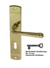 A brass door handle set with a key and descriptive text. Produktbild-Vorschau