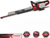 A red and gray cordless hedge trimmer is shown against a white background, with several circular badges indicating warranty information and product features. Produktbild-Vorschau