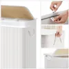 Collage of images showing a white bamboo laundry basket with a beige lid. Podgląd zdjęcia produktu