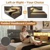 A collage showing different views of a bed with storage and lighting, and a woman reading in bed. Produktbild-Vorschau