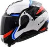 A white motorcycle helmet with blue and red accents, shown from a side-diagonal view. Náhľad obrázku produktu