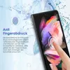 A hand is shown interacting with a smartphone screen, with text and graphics highlighting the 'Anti Fingerabdruck' feature. Produktbild-Vorschau