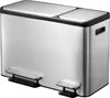 A stainless steel dual-compartment recycling bin with two foot pedals. Voir les images du produit