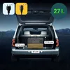 The back of an open SUV trunk with a portable refrigerator inside, showing dimensions and power source icons. Náhled obrázku produktu