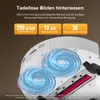 Close-up view of the underside of a white robot vacuum cleaner, highlighting its spinning mopping pads and brush. Produktbild-Vorschau